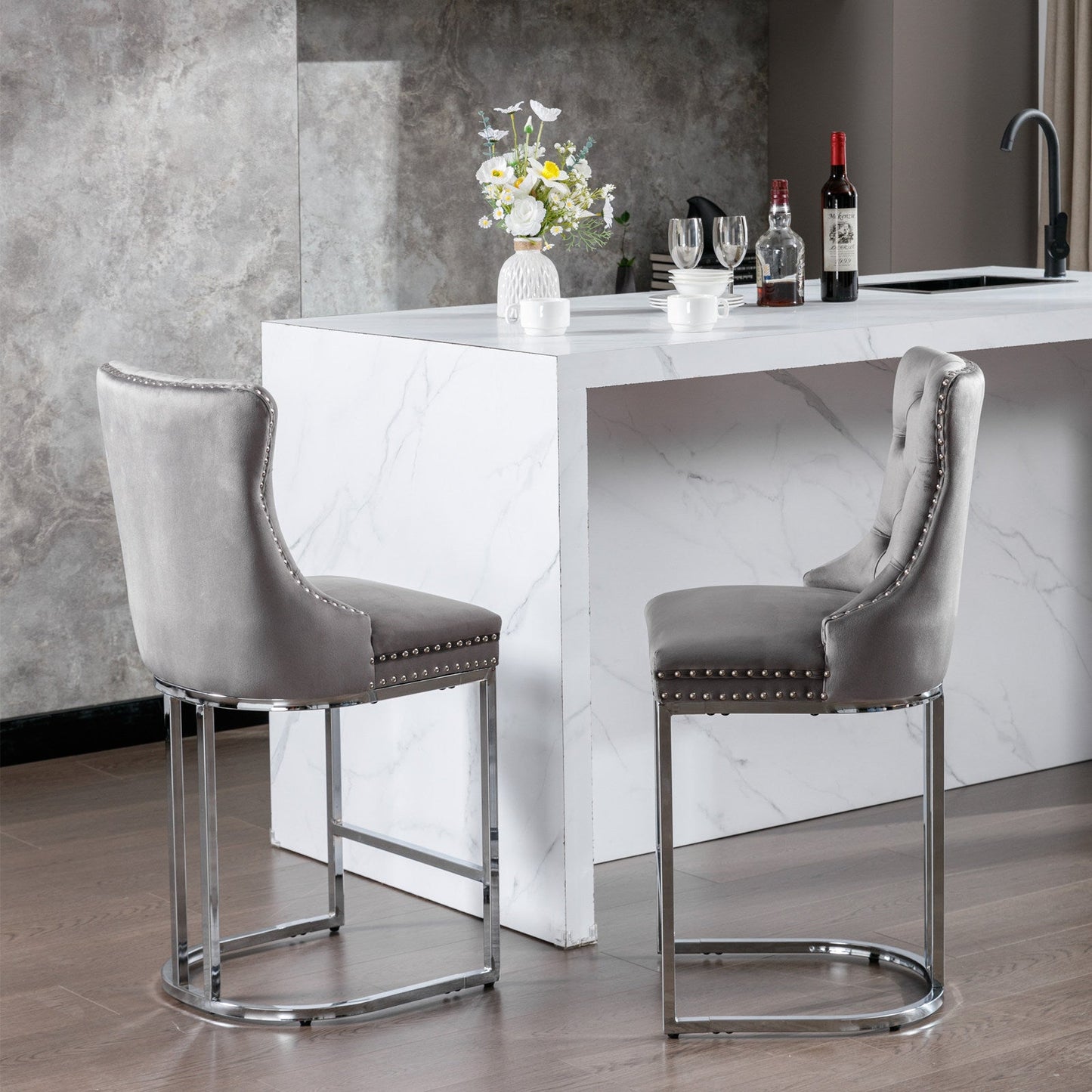 26' Counter Height Bar Stools Set of 2, Modern Velvet Barstools with Button Back&Rivet Trim Upholstered Kitchen Island Chairs with Sturdy Chromed Metal Base Legs Farmhouse Bar Stools, (Gray,2 Pack) - 1st Choice Furniture Direct