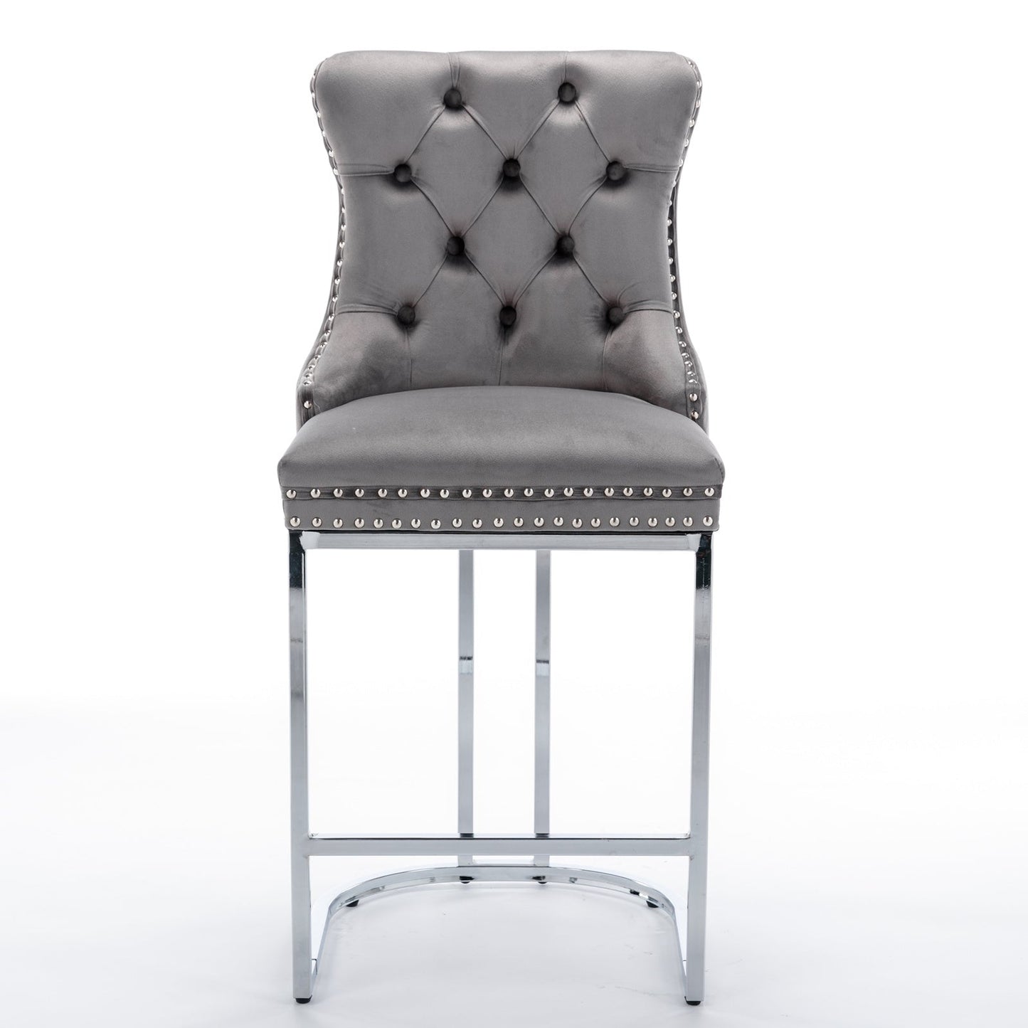 26' Counter Height Bar Stools Set of 2, Modern Velvet Barstools with Button Back&Rivet Trim Upholstered Kitchen Island Chairs with Sturdy Chromed Metal Base Legs Farmhouse Bar Stools, (Gray,2 Pack) - 1st Choice Furniture Direct