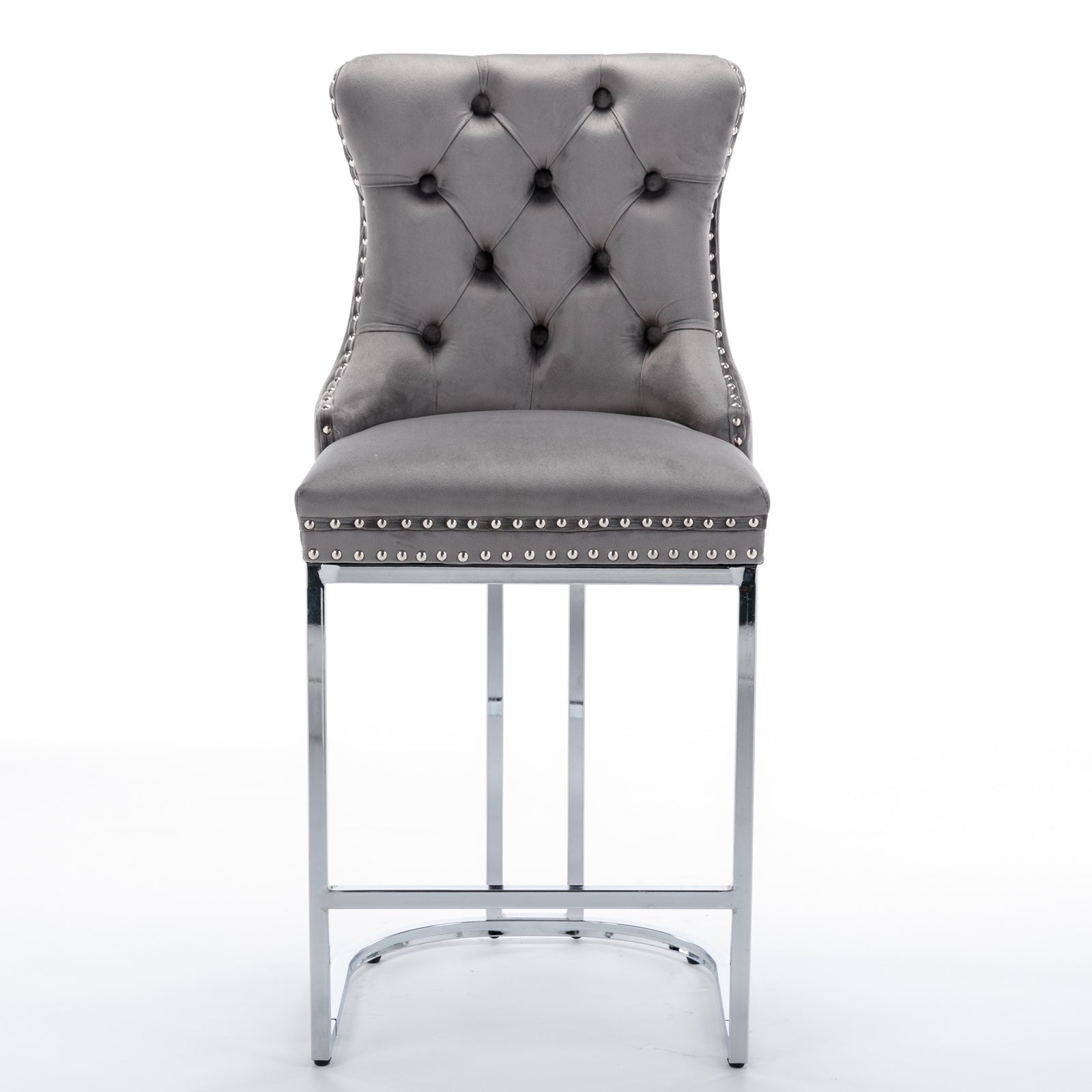 26' Counter Height Bar Stools Set of 2, Modern Velvet Barstools with Button Back&Rivet Trim Upholstered Kitchen Island Chairs with Sturdy Chromed Metal Base Legs Farmhouse Bar Stools, (Gray,2 Pack) - 1st Choice Furniture Direct