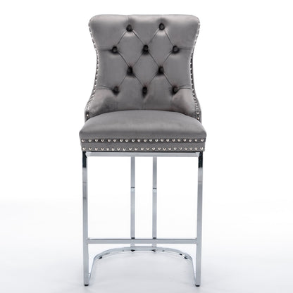 26' Counter Height Bar Stools Set of 2, Modern Velvet Barstools with Button Back&Rivet Trim Upholstered Kitchen Island Chairs with Sturdy Chromed Metal Base Legs Farmhouse Bar Stools, (Gray,2 Pack) - 1st Choice Furniture Direct