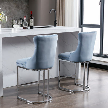 26' Counter Height Bar Stools Set of 2, Modern Velvet Barstools with Button Back&Rivet Trim Upholstered Kitchen Island Chairs with Sturdy Chromed Metal Base Legs Farmhouse Bar Stools,Light Blue,2 Pack - 1st Choice Furniture Direct