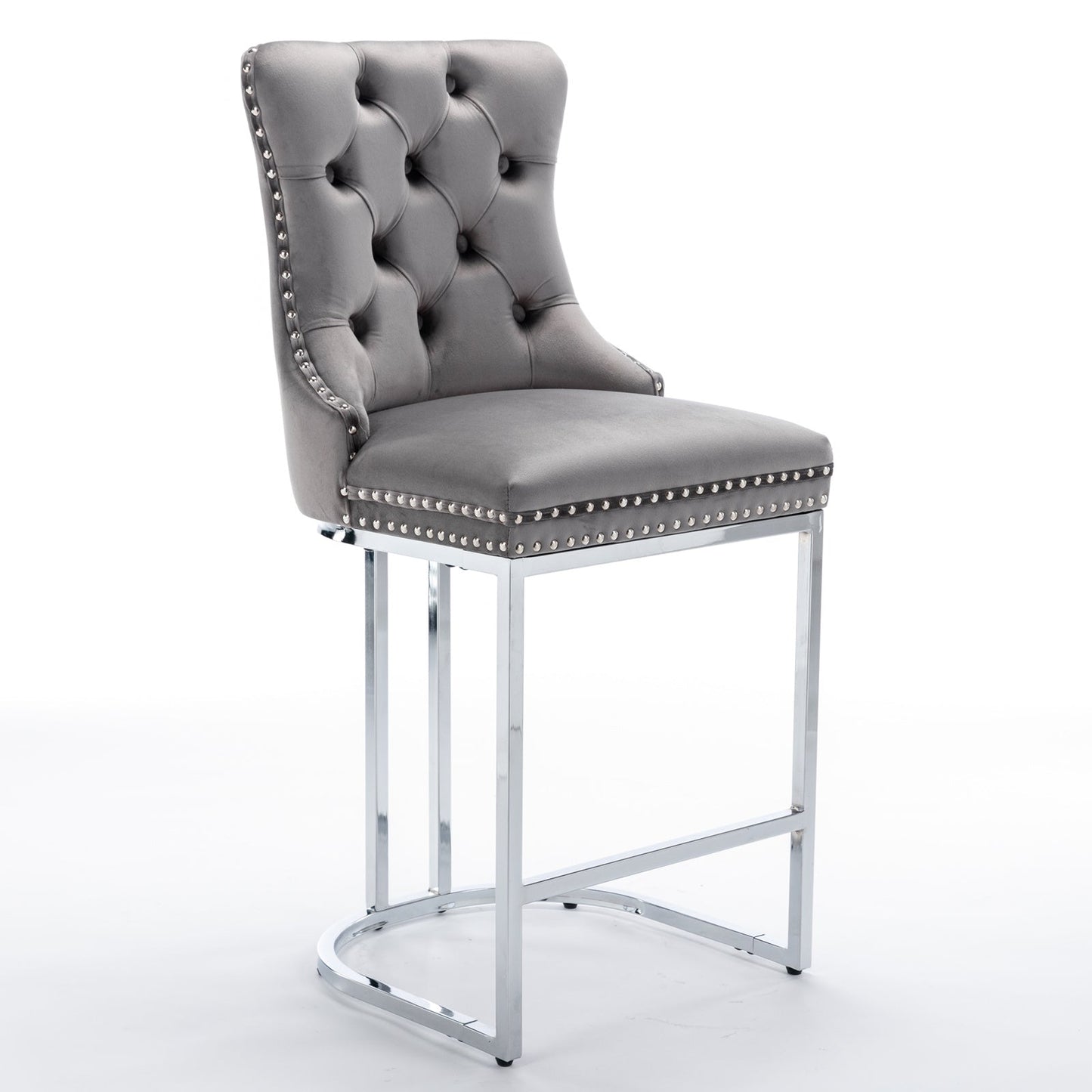 26' Counter Height Bar Stools Set of 2, Modern Velvet Barstools with Button Back&Rivet Trim Upholstered Kitchen Island Chairs with Sturdy Chromed Metal Base Legs Farmhouse Bar Stools, (Gray,2 Pack) - 1st Choice Furniture Direct