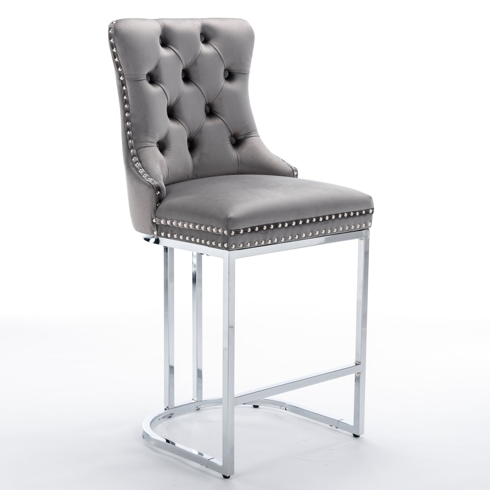 26' Counter Height Bar Stools Set of 2, Modern Velvet Barstools with Button Back&Rivet Trim Upholstered Kitchen Island Chairs with Sturdy Chromed Metal Base Legs Farmhouse Bar Stools, (Gray,2 Pack) - 1st Choice Furniture Direct