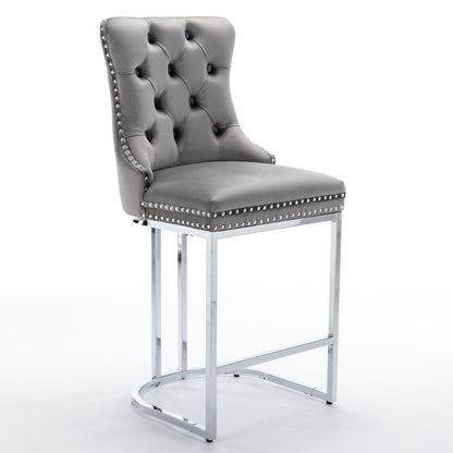 26' Counter Height Bar Stools Set of 2, Modern Velvet Barstools with Button Back&Rivet Trim Upholstered Kitchen Island Chairs with Sturdy Chromed Metal Base Legs Farmhouse Bar Stools, (Gray,2 Pack) - 1st Choice Furniture Direct