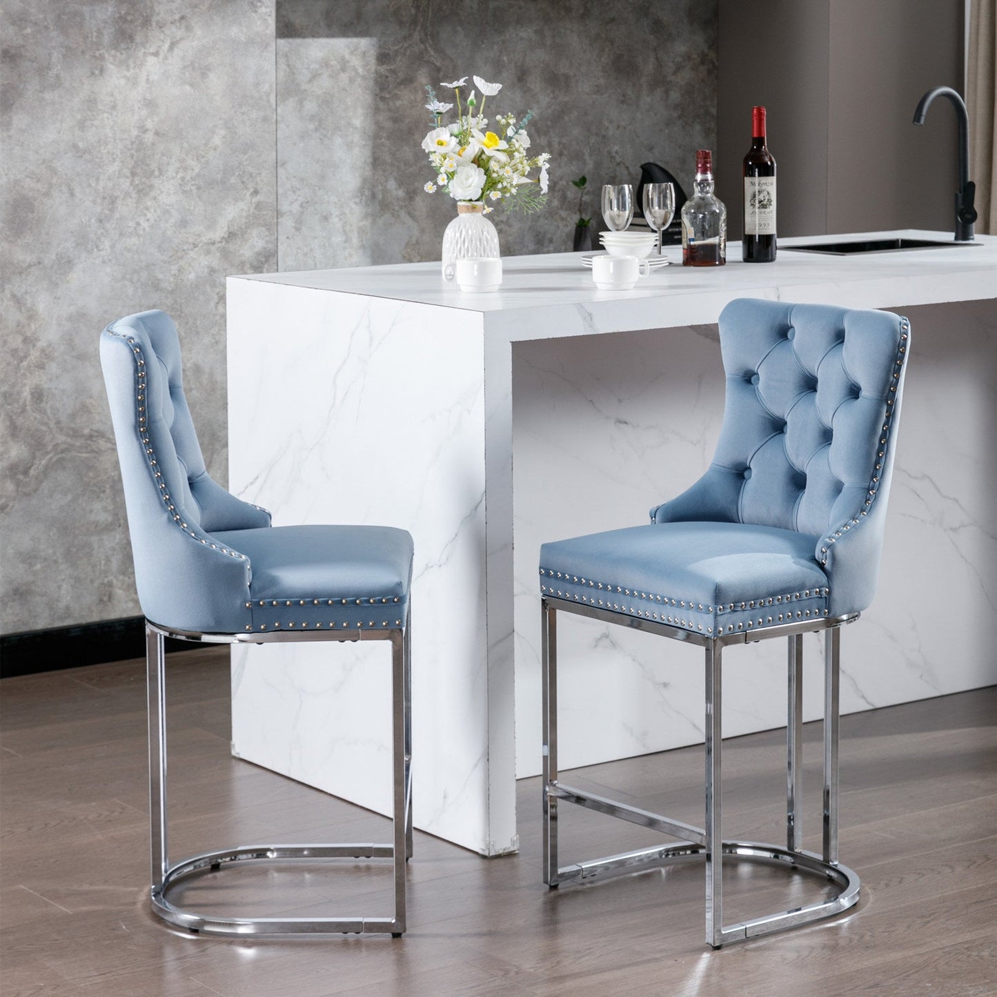 26' Counter Height Bar Stools Set of 2, Modern Velvet Barstools with Button Back&Rivet Trim Upholstered Kitchen Island Chairs with Sturdy Chromed Metal Base Legs Farmhouse Bar Stools,Light Blue,2 Pack - 1st Choice Furniture Direct