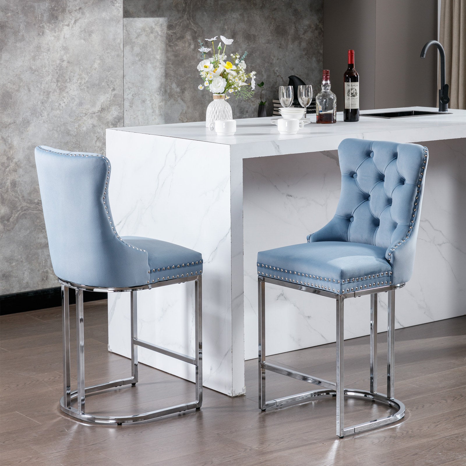 26' Counter Height Bar Stools Set of 2, Modern Velvet Barstools with Button Back&Rivet Trim Upholstered Kitchen Island Chairs with Sturdy Chromed Metal Base Legs Farmhouse Bar Stools,Light Blue,2 Pack - 1st Choice Furniture Direct