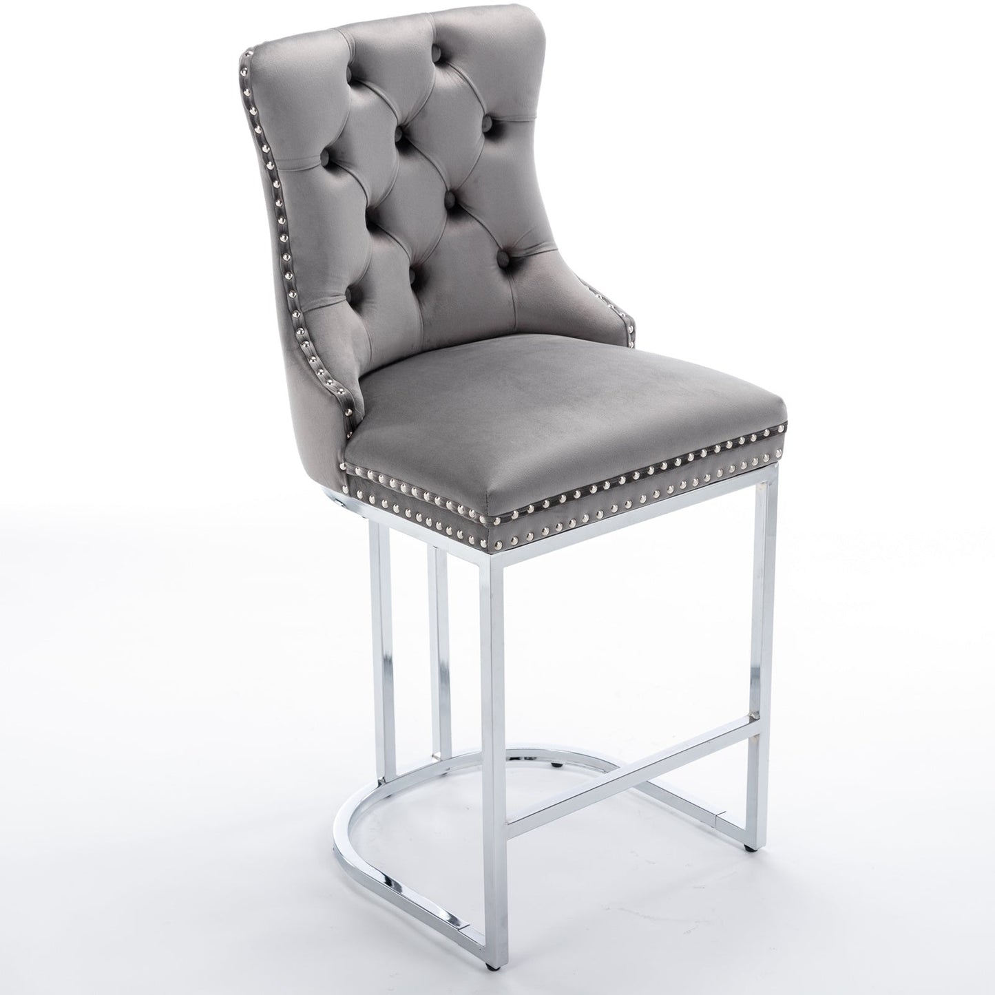 26' Counter Height Bar Stools Set of 2, Modern Velvet Barstools with Button Back&Rivet Trim Upholstered Kitchen Island Chairs with Sturdy Chromed Metal Base Legs Farmhouse Bar Stools, (Gray,2 Pack) - 1st Choice Furniture Direct