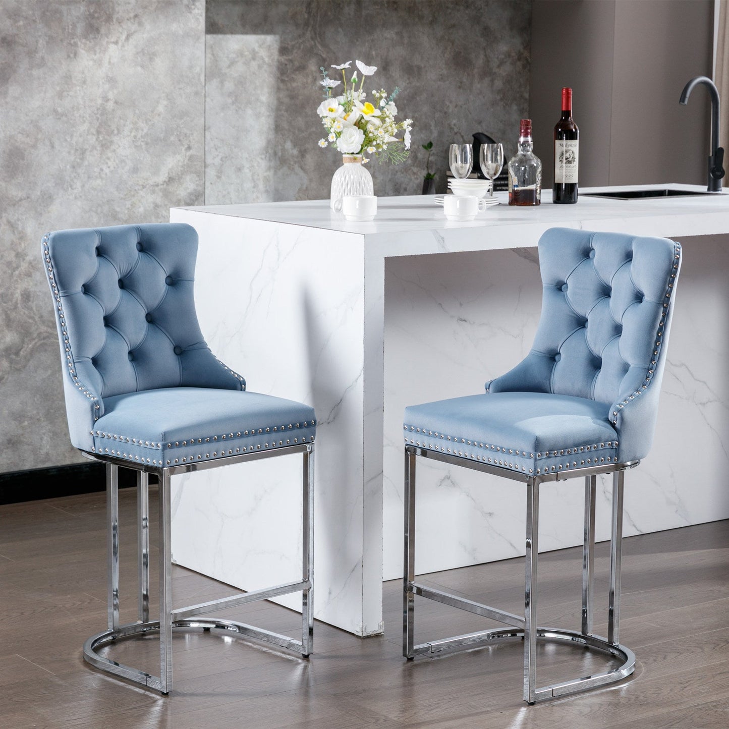 26' Counter Height Bar Stools Set of 2, Modern Velvet Barstools with Button Back&Rivet Trim Upholstered Kitchen Island Chairs with Sturdy Chromed Metal Base Legs Farmhouse Bar Stools,Light Blue,2 Pack - 1st Choice Furniture Direct