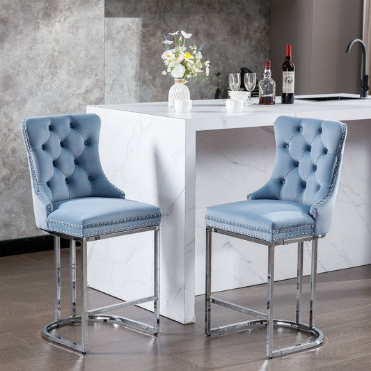 26' Counter Height Bar Stools Set of 2, Modern Velvet Barstools with Button Back&Rivet Trim Upholstered Kitchen Island Chairs with Sturdy Chromed Metal Base Legs Farmhouse Bar Stools,Light Blue,2 Pack - 1st Choice Furniture Direct