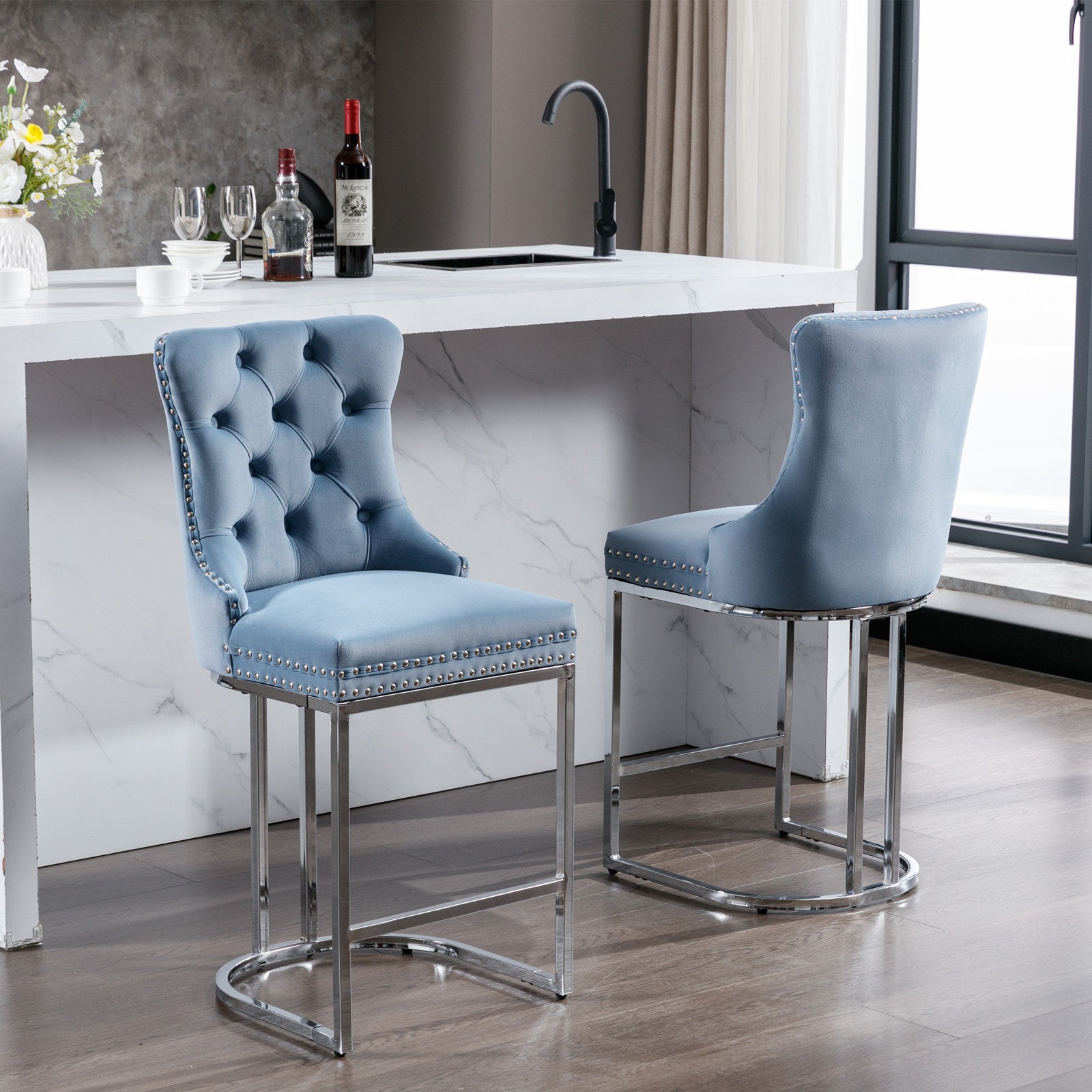 26' Counter Height Bar Stools Set of 2, Modern Velvet Barstools with Button Back&Rivet Trim Upholstered Kitchen Island Chairs with Sturdy Chromed Metal Base Legs Farmhouse Bar Stools,Light Blue,2 Pack - 1st Choice Furniture Direct
