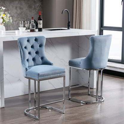 26' Counter Height Bar Stools Set of 2, Modern Velvet Barstools with Button Back&Rivet Trim Upholstered Kitchen Island Chairs with Sturdy Chromed Metal Base Legs Farmhouse Bar Stools,Light Blue,2 Pack - 1st Choice Furniture Direct