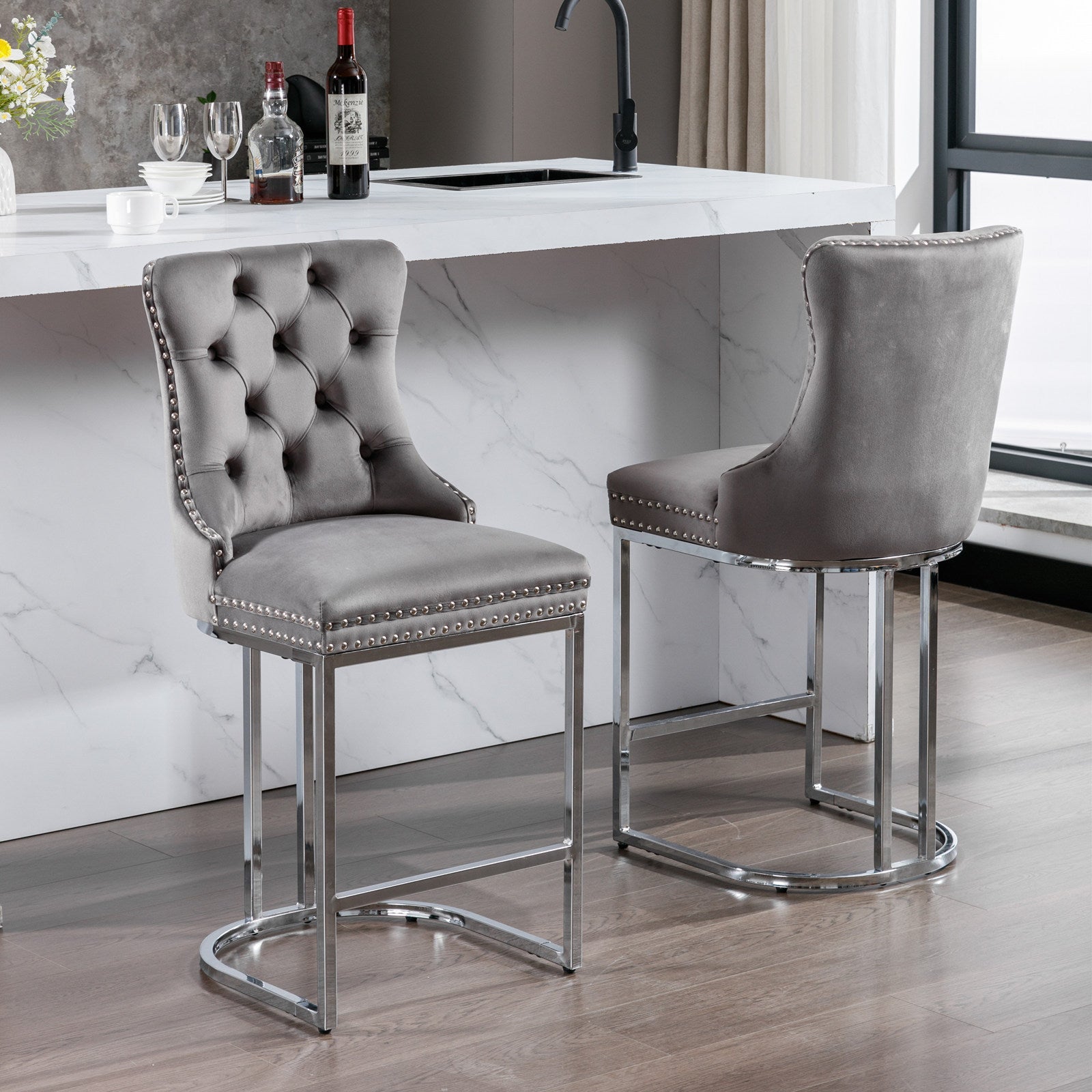 26' Counter Height Bar Stools Set of 2, Modern Velvet Barstools with Button Back&Rivet Trim Upholstered Kitchen Island Chairs with Sturdy Chromed Metal Base Legs Farmhouse Bar Stools, (Gray,2 Pack) - 1st Choice Furniture Direct