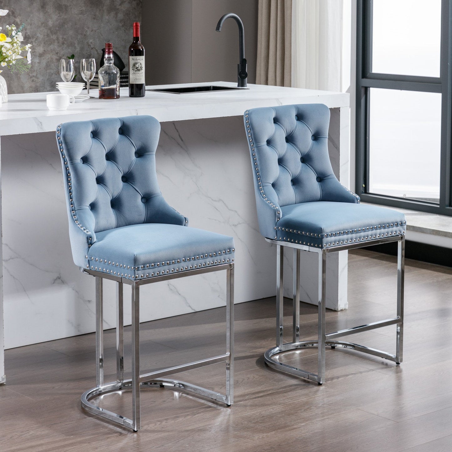 26' Counter Height Bar Stools Set of 2, Modern Velvet Barstools with Button Back&Rivet Trim Upholstered Kitchen Island Chairs with Sturdy Chromed Metal Base Legs Farmhouse Bar Stools,Light Blue,2 Pack - 1st Choice Furniture Direct