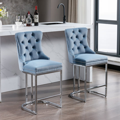 26' Counter Height Bar Stools Set of 2, Modern Velvet Barstools with Button Back&Rivet Trim Upholstered Kitchen Island Chairs with Sturdy Chromed Metal Base Legs Farmhouse Bar Stools,Light Blue,2 Pack - 1st Choice Furniture Direct
