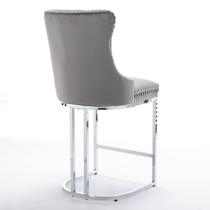 26' Counter Height Bar Stools Set of 2, Modern Velvet Barstools with Button Back&Rivet Trim Upholstered Kitchen Island Chairs with Sturdy Chromed Metal Base Legs Farmhouse Bar Stools, (Gray,2 Pack) - 1st Choice Furniture Direct