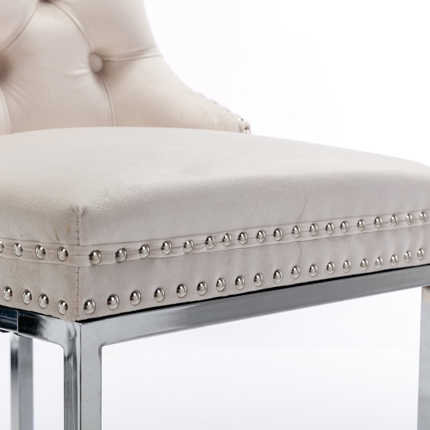 26” Counter Height Velvet Bar Stools Set of 2 | Tufted Beige Chairs with Chrome Legs - 1st Choice Furniture Direct