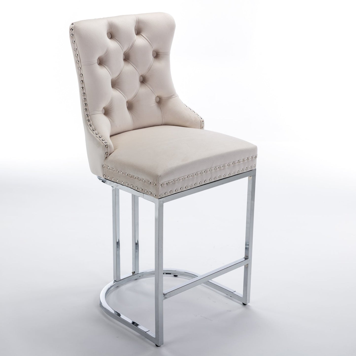 26” Counter Height Velvet Bar Stools Set of 2 | Tufted Beige Chairs with Chrome Legs - 1st Choice Furniture Direct