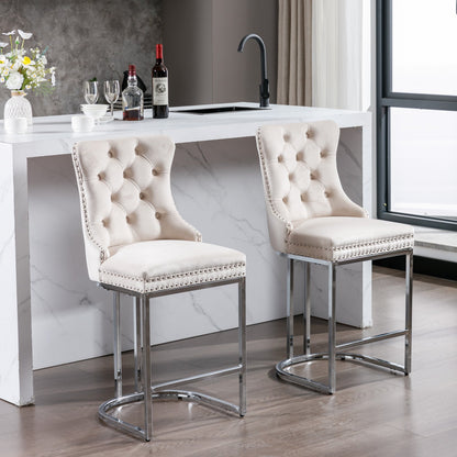 26” Counter Height Velvet Bar Stools Set of 2 | Tufted Beige Chairs with Chrome Legs - 1st Choice Furniture Direct