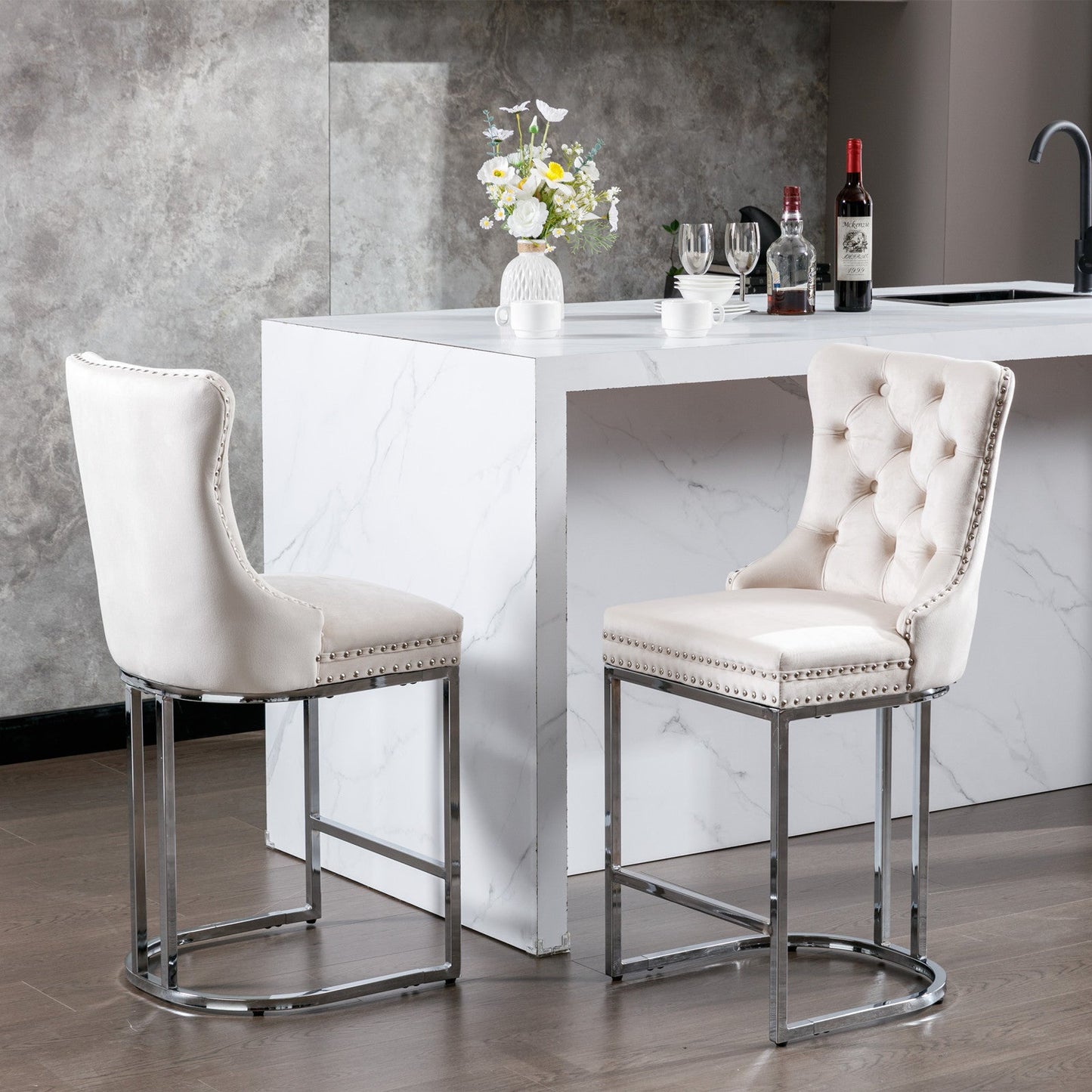 26” Counter Height Velvet Bar Stools Set of 2 | Tufted Beige Chairs with Chrome Legs - 1st Choice Furniture Direct