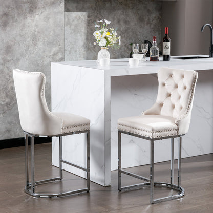 26” Counter Height Velvet Bar Stools Set of 2 | Tufted Beige Chairs with Chrome Legs - 1st Choice Furniture Direct