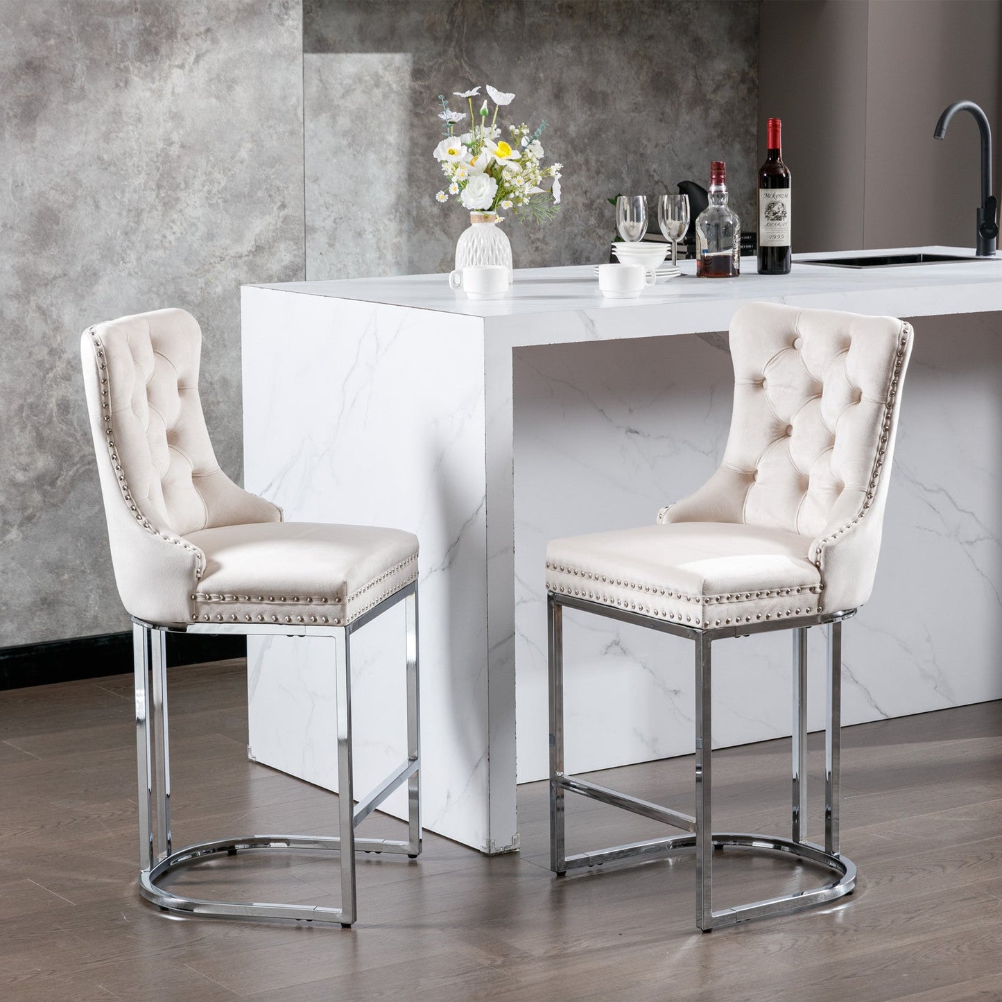 26” Counter Height Velvet Bar Stools Set of 2 | Tufted Beige Chairs with Chrome Legs - 1st Choice Furniture Direct