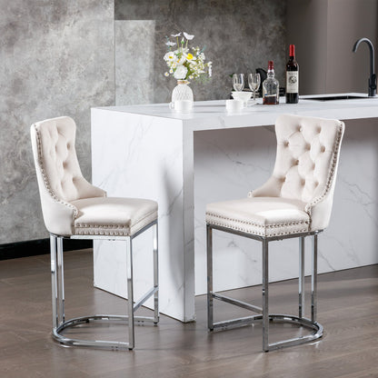 26” Counter Height Velvet Bar Stools Set of 2 | Tufted Beige Chairs with Chrome Legs - 1st Choice Furniture Direct