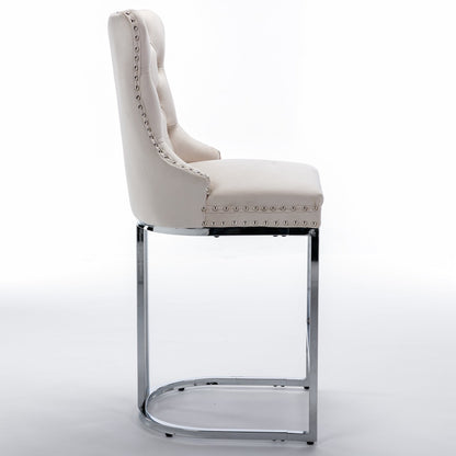 26” Counter Height Velvet Bar Stools Set of 2 | Tufted Beige Chairs with Chrome Legs - 1st Choice Furniture Direct