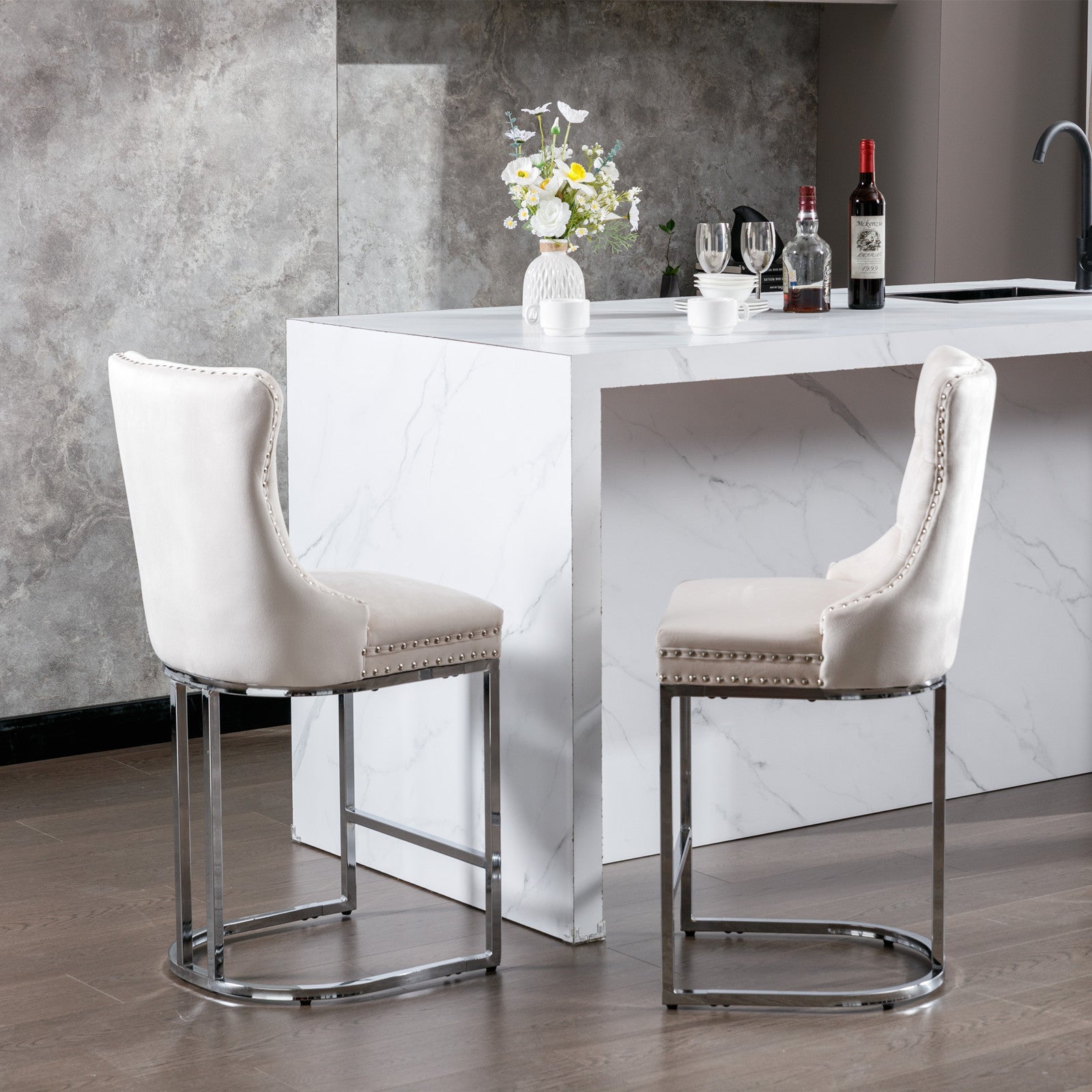 26” Counter Height Velvet Bar Stools Set of 2 | Tufted Beige Chairs with Chrome Legs - 1st Choice Furniture Direct
