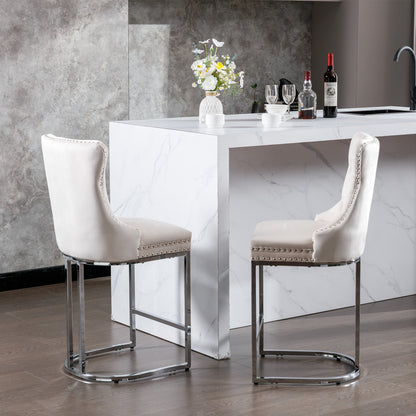 26” Counter Height Velvet Bar Stools Set of 2 | Tufted Beige Chairs with Chrome Legs - 1st Choice Furniture Direct