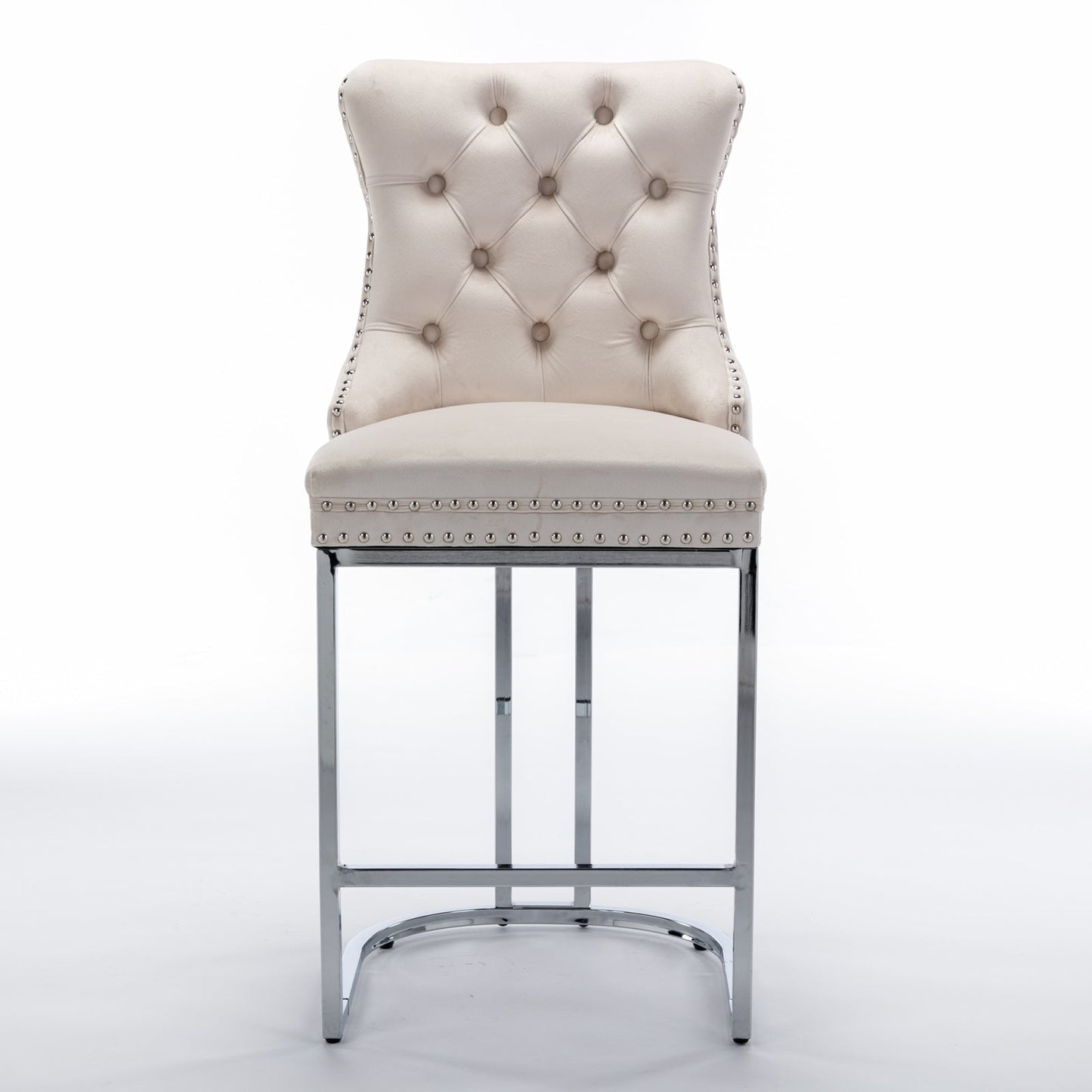 26” Counter Height Velvet Bar Stools Set of 2 | Tufted Beige Chairs with Chrome Legs - 1st Choice Furniture Direct