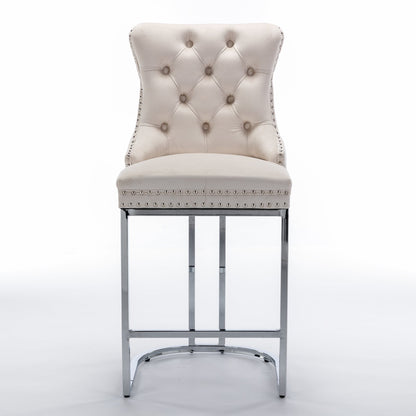 26” Counter Height Velvet Bar Stools Set of 2 | Tufted Beige Chairs with Chrome Legs - 1st Choice Furniture Direct