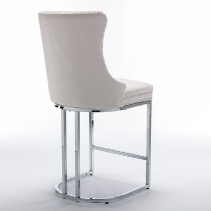26” Counter Height Velvet Bar Stools Set of 2 | Tufted Beige Chairs with Chrome Legs - 1st Choice Furniture Direct
