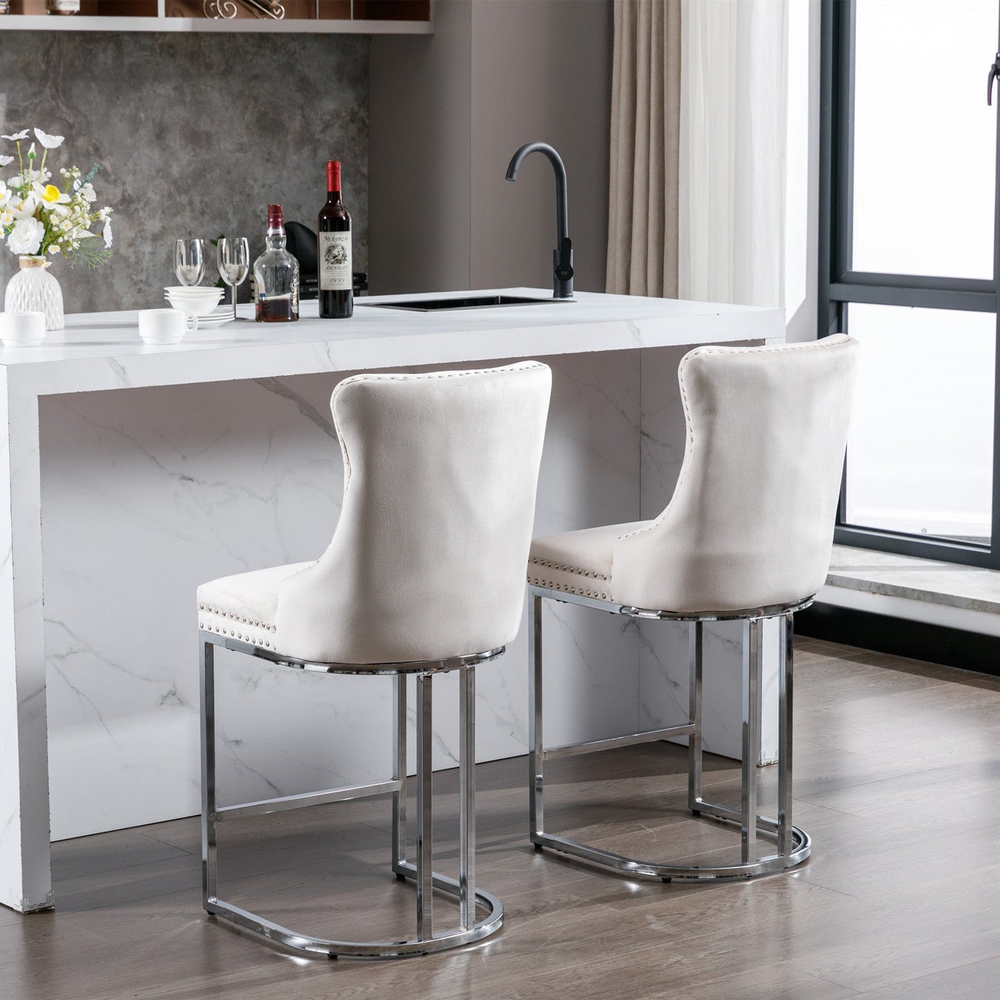 26” Counter Height Velvet Bar Stools Set of 2 | Tufted Beige Chairs with Chrome Legs - 1st Choice Furniture Direct