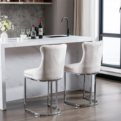 26” Counter Height Velvet Bar Stools Set of 2 | Tufted Beige Chairs with Chrome Legs - 1st Choice Furniture Direct