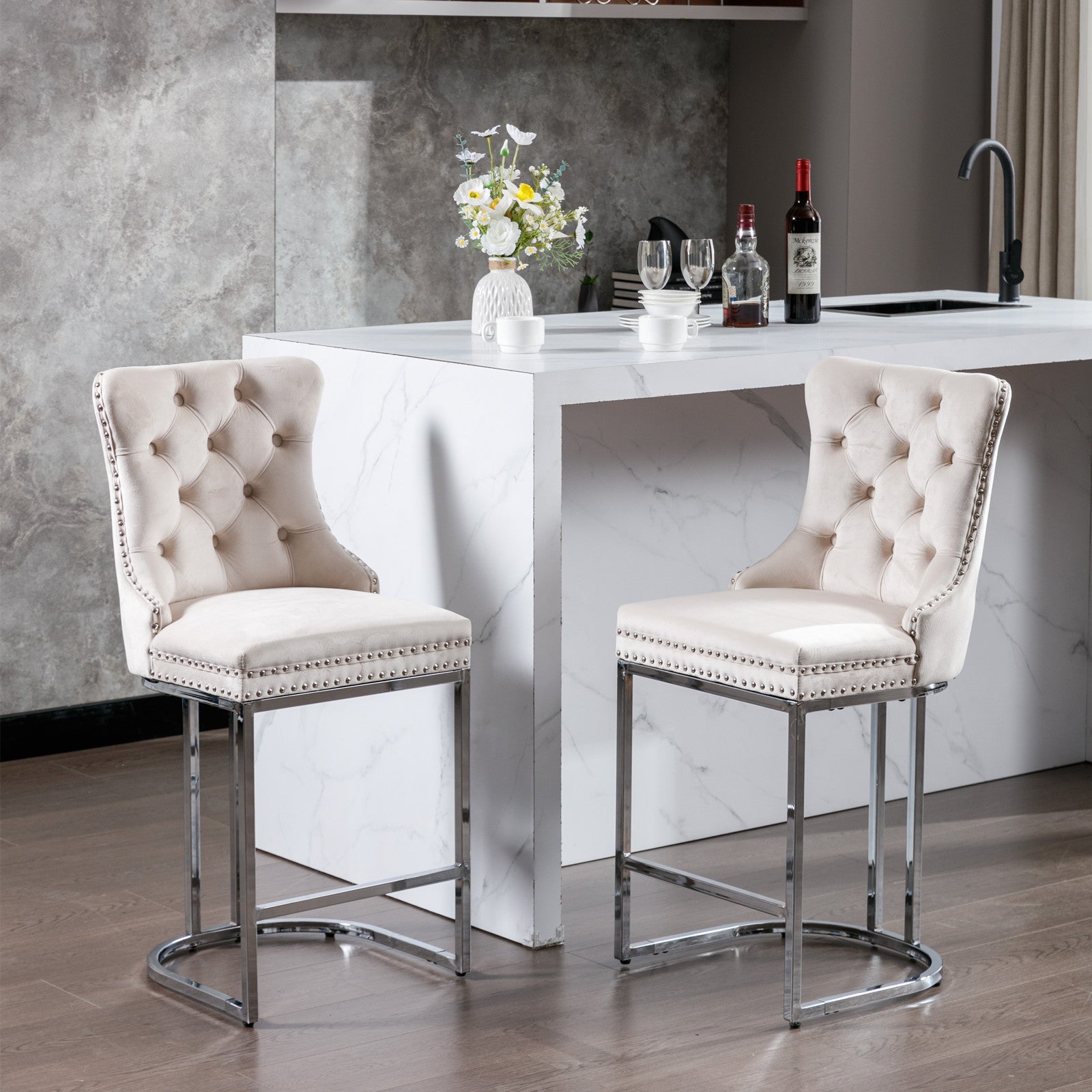 26” Counter Height Velvet Bar Stools Set of 2 | Tufted Beige Chairs with Chrome Legs - 1st Choice Furniture Direct