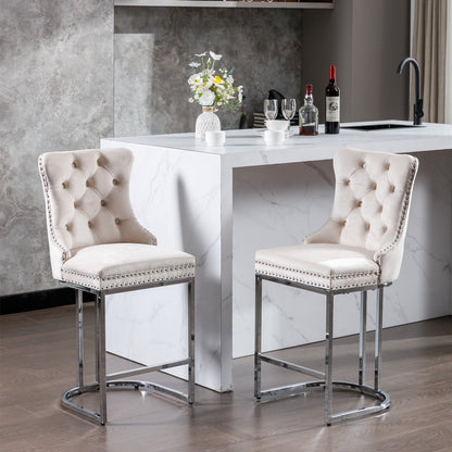 26” Counter Height Velvet Bar Stools Set of 2 | Tufted Beige Chairs with Chrome Legs - 1st Choice Furniture Direct