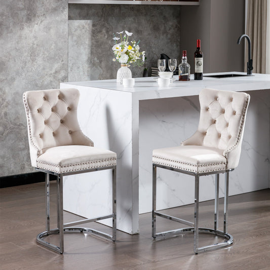 26” Counter Height Velvet Bar Stools Set of 2 | Tufted Beige Chairs with Chrome Legs - 1st Choice Furniture Direct