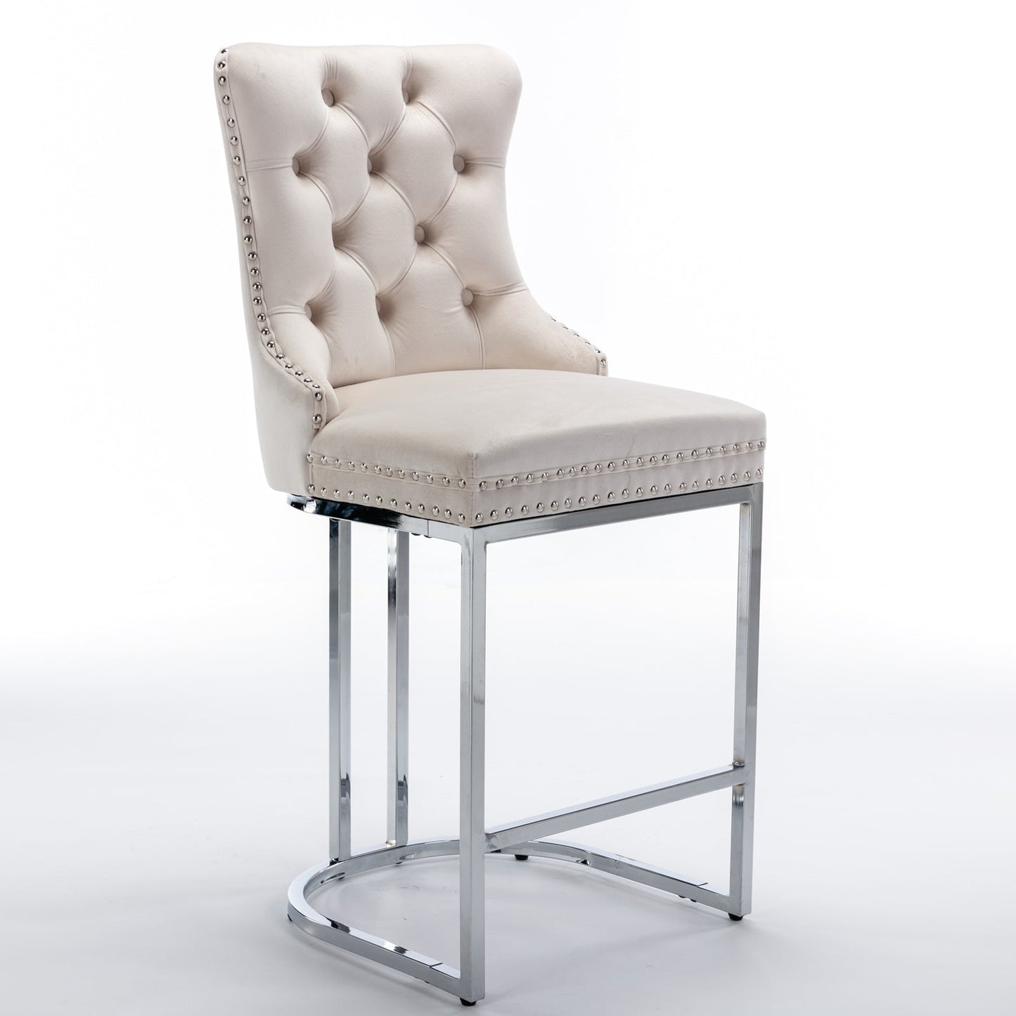 26” Counter Height Velvet Bar Stools Set of 2 | Tufted Beige Chairs with Chrome Legs - 1st Choice Furniture Direct