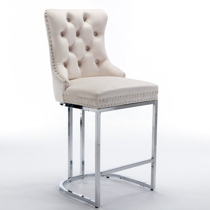 26” Counter Height Velvet Bar Stools Set of 2 | Tufted Beige Chairs with Chrome Legs - 1st Choice Furniture Direct