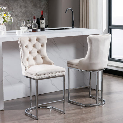 26” Counter Height Velvet Bar Stools Set of 2 | Tufted Beige Chairs with Chrome Legs - 1st Choice Furniture Direct