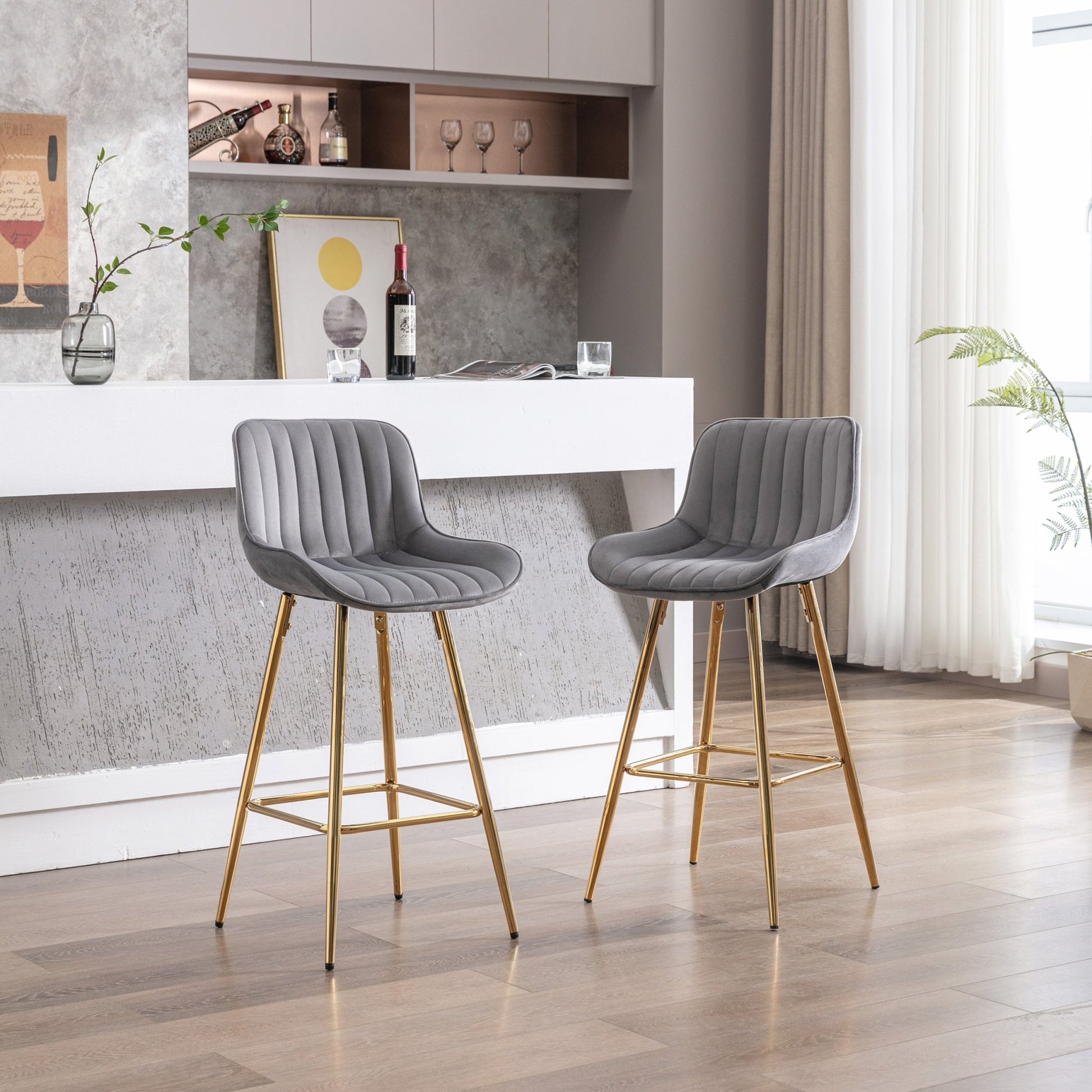 26 Inch Set of 2 Bar Stools,with Chrome Footrest Velvet Fabric Counter Stool Golden Leg Simple Bar Stool,GRAY - 1st Choice Furniture Direct