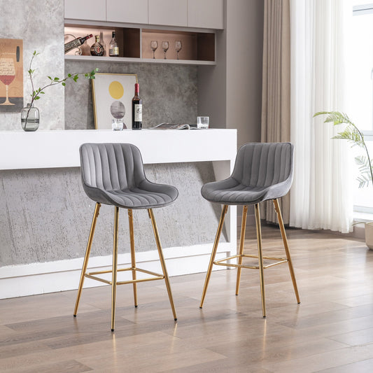 26 Inch Set of 2 Bar Stools,with Chrome Footrest Velvet Fabric Counter Stool Golden Leg Simple Bar Stool,GRAY - 1st Choice Furniture Direct