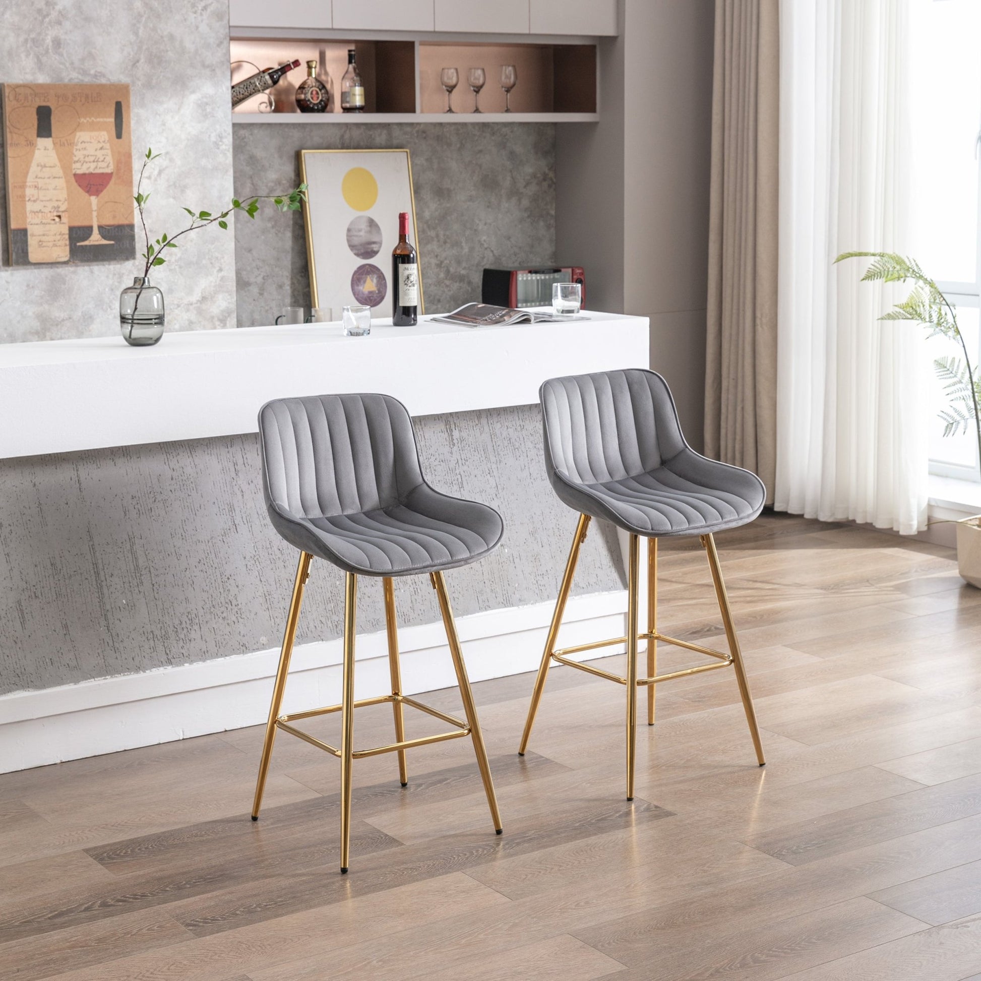 26 Inch Set of 2 Bar Stools,with Chrome Footrest Velvet Fabric Counter Stool Golden Leg Simple Bar Stool,GRAY - 1st Choice Furniture Direct