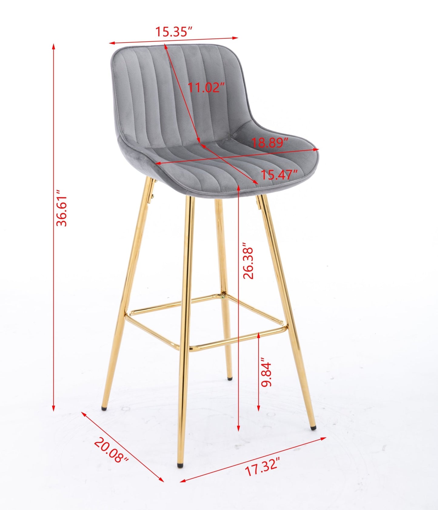 26 Inch Set of 2 Bar Stools,with Chrome Footrest Velvet Fabric Counter Stool Golden Leg Simple Bar Stool,GRAY - 1st Choice Furniture Direct