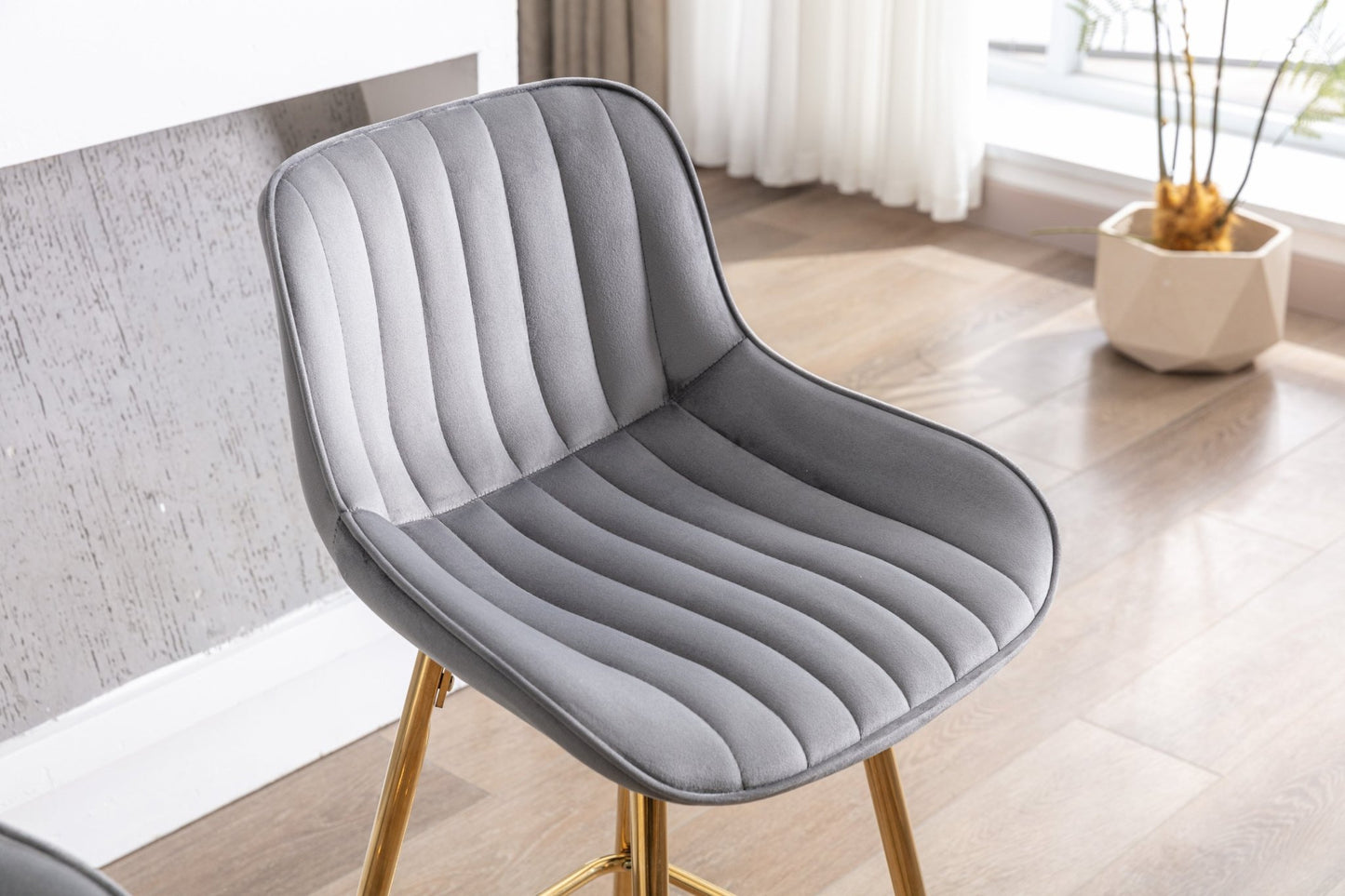 26 Inch Set of 2 Bar Stools,with Chrome Footrest Velvet Fabric Counter Stool Golden Leg Simple Bar Stool,GRAY - 1st Choice Furniture Direct