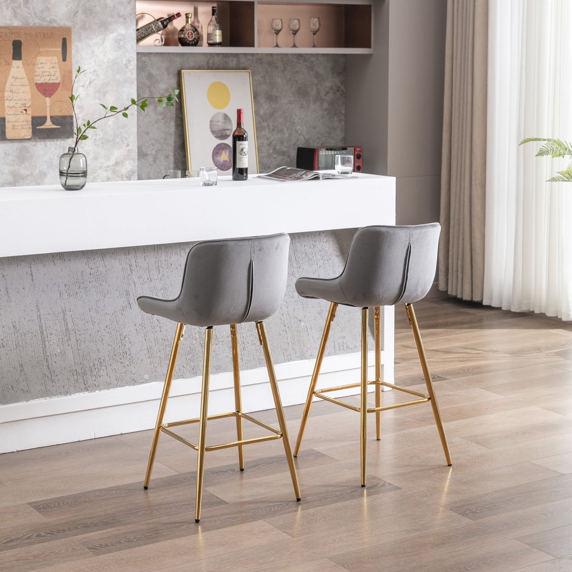 26 Inch Set of 2 Bar Stools,with Chrome Footrest Velvet Fabric Counter Stool Golden Leg Simple Bar Stool,GRAY - 1st Choice Furniture Direct