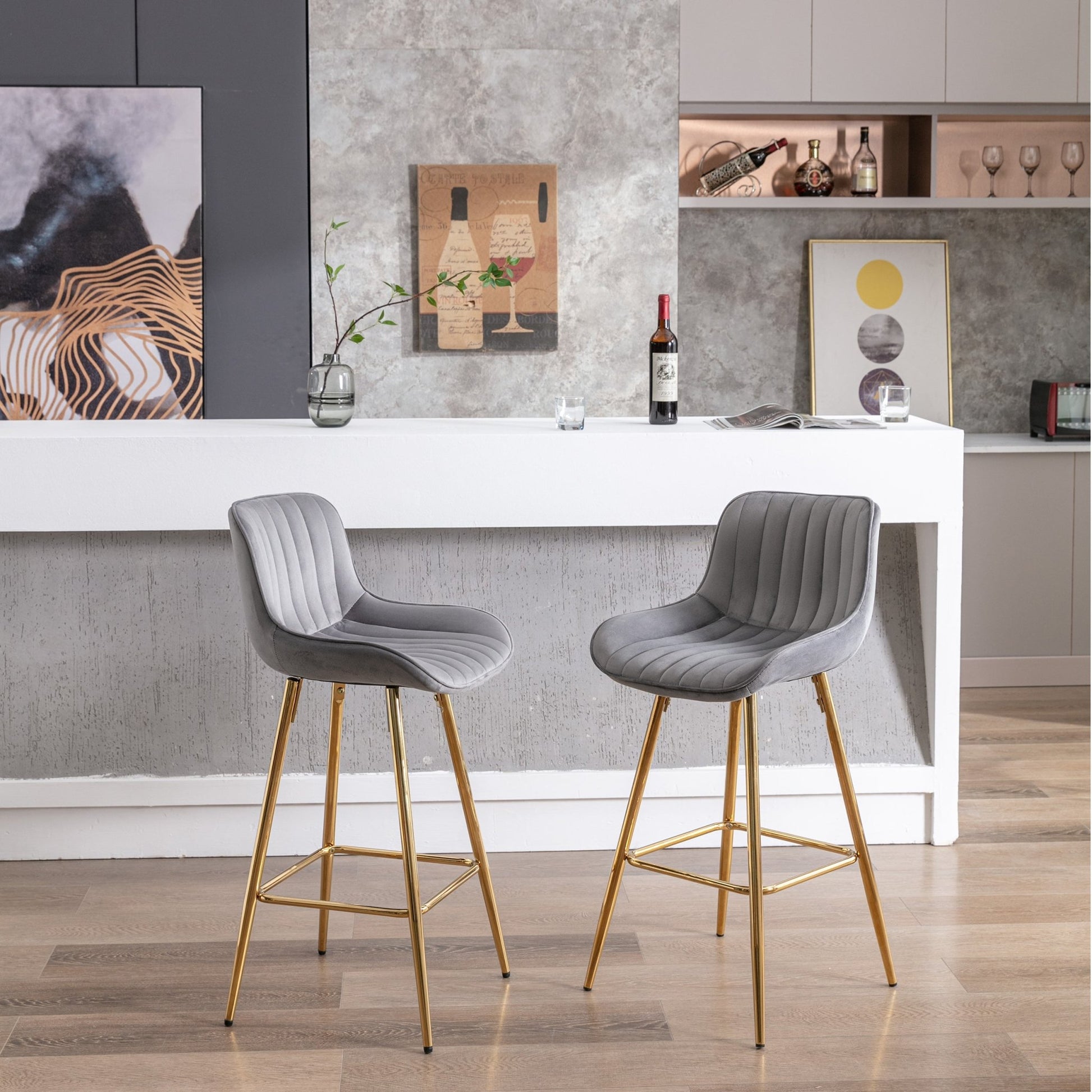 26 Inch Set of 2 Bar Stools,with Chrome Footrest Velvet Fabric Counter Stool Golden Leg Simple Bar Stool,GRAY - 1st Choice Furniture Direct