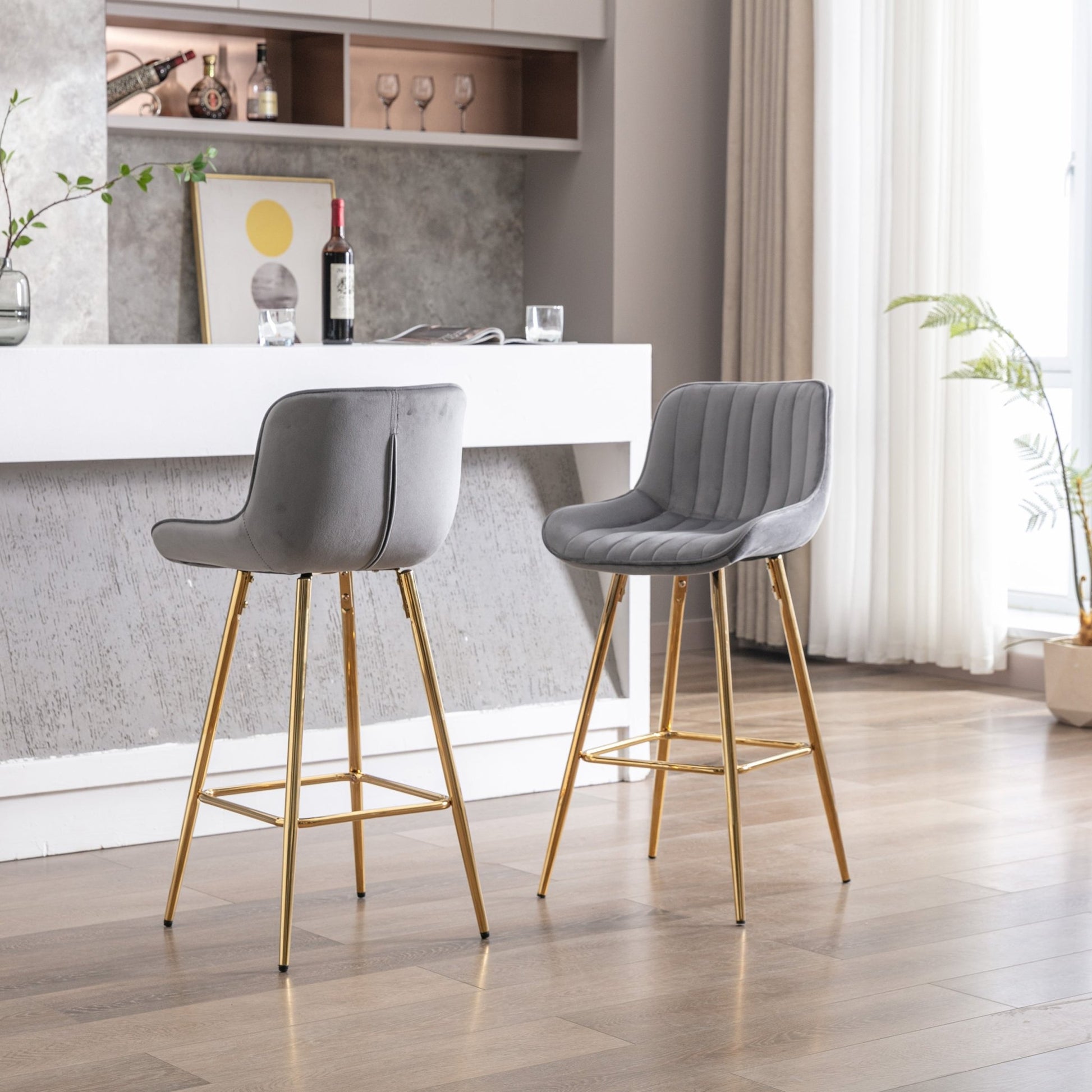 26 Inch Set of 2 Bar Stools,with Chrome Footrest Velvet Fabric Counter Stool Golden Leg Simple Bar Stool,GRAY - 1st Choice Furniture Direct