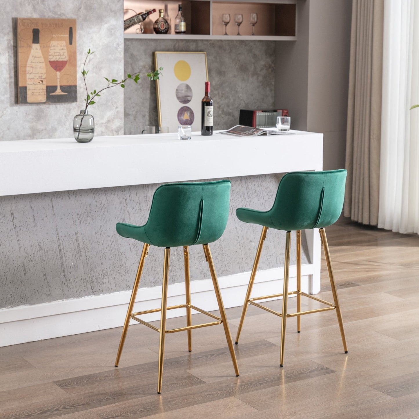 26 Inch Set of 2 Bar Stools,with Chrome Footrest Velvet Fabric Counter Stool Golden Leg Simple Bar Stool,GREEN - 1st Choice Furniture Direct