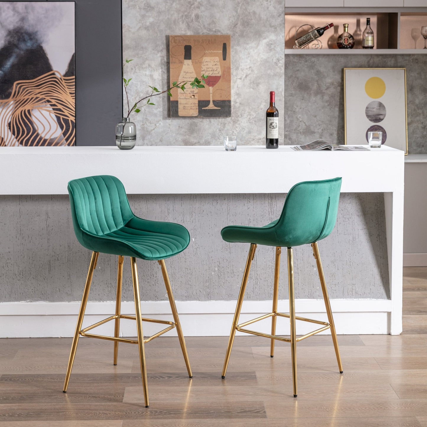 26 Inch Set of 2 Bar Stools,with Chrome Footrest Velvet Fabric Counter Stool Golden Leg Simple Bar Stool,GREEN - 1st Choice Furniture Direct